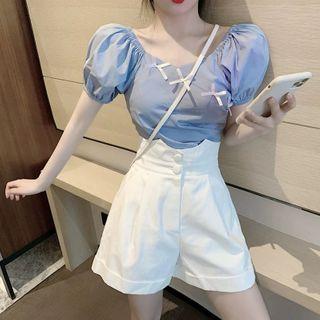 Set: Puff Sleeve Bow Accent Top + High Waist Shorts