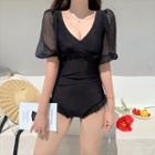 Short-sleeve V-neck Open-back Swimsuit