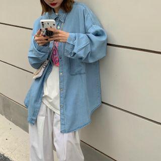 Long-sleeve Single-breasted Denim Shirt Denim Blue - One Size