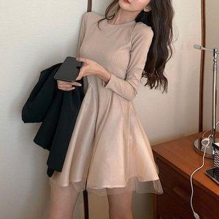 Mesh Overlay Long-sleeve Mini A-line Dress