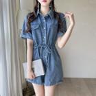 Drawcord Denim Shirt Playsuit Light Blue - One Size