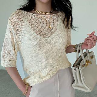 Elbow-sleeve Net Sweater Ivory - One Size