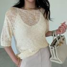 Elbow-sleeve Net Sweater Ivory - One Size