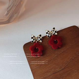 Checker Bow Alloy Flocking Flower Dangle Earring 1 Pair - C-503 - Red - One Size