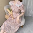 Puff-sleeve Floral Print Lace Collar Midi A-line Dress