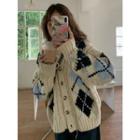 Argyle Print Cardigan Beige - One Size