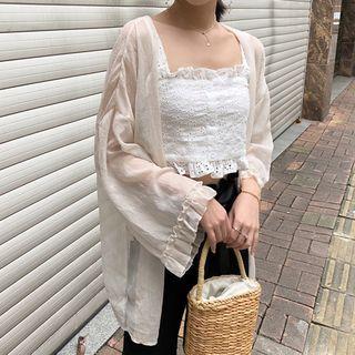 Wide-strap Eyelet Lace Crop Top / Chiffon Jacket