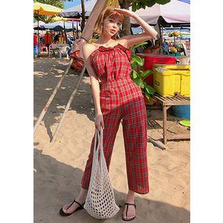 Set: Frilled Tartan-plaid Tube Top + Pants