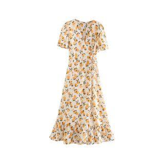 Short-sleeve Lemon Print Midi A-line Dress