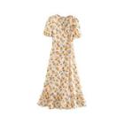 Short-sleeve Lemon Print Midi A-line Dress
