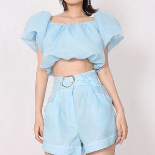 Set: Puff-sleeve Square-neck Crop Blouse + Buckled Shorts