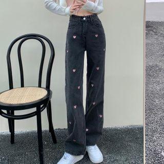 Regular Waist Heart Embroidered Straight Leg Jeans