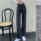 Regular Waist Heart Embroidered Straight Leg Jeans