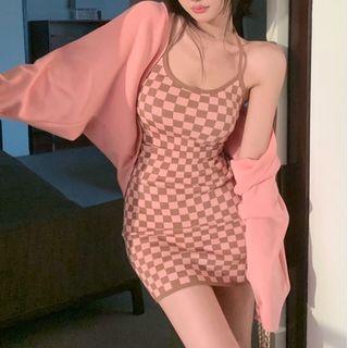 Spaghetti Strap Checkered Mini Bodycon Dress / Cardigan