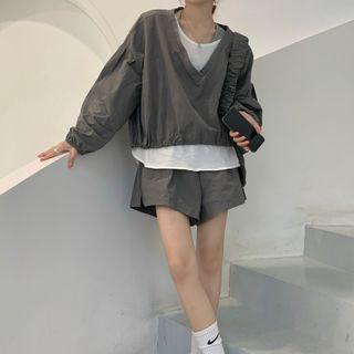 Long-sleeve V-neck Top / T-shirt / Wide Leg Shorts / Tote Bag Set Of 4 - Top & T-shirt & Shorts & Tote Bag - White & Dark Gray - One Size