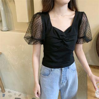 Dotted Mesh Sleeve Knot Blouse