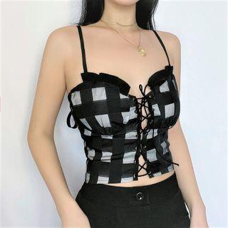 Sleeveless Lace-up Plaid Top