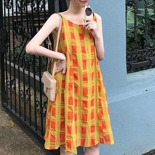 Plaid Sleeveless Dress Plaid - Yellow - One Size