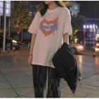 Short-sleeve Lettering Print T-shirt / Wave Print Wide Leg Pants