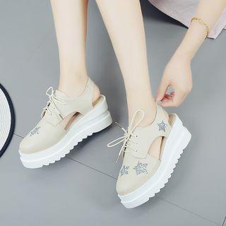 Glittered Cutout Faux-leather Platform Lace-up Shoes