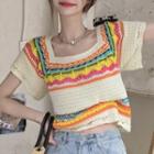 Short-sleeve Square Neck Pattern Knit Top Multicolor Pattern - Almond - One Size