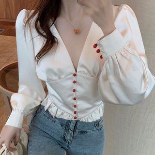 Puff-sleeve Ruffle Hem Buttoned Cropped Top White Shirt - One Size