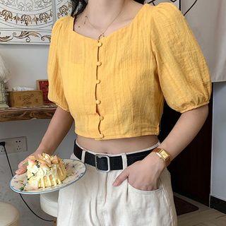 Balloon-sleeve Ribbed Cropped Top