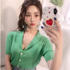 Short-sleeve Notch Lapel Buttoned Knit Top Green - One Size