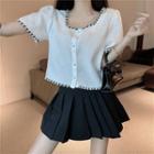 Faux Pearl Short-sleeve Blouse / Mini A-line Pleated Skirt