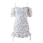 Short-sleeve Cold Shoulder Floral Print Frill Trim Sheath Dress