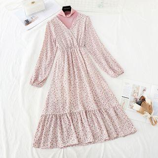 Set: Long-sleeve Turtleneck T-shirt + Flower Print Midi A-line Dress