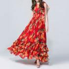 Sleeveless Floral Print Maxi A-line Chiffon Dress
