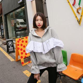 Contrast-ruffle Zip-up Hoodie