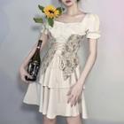 Short-sleeve Mock Two-piece Floral Mini A-line Dress