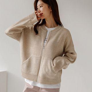 Kangaroo-pocket Zip-up Knit Cardigan