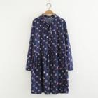 Floral Long-sleeve A-line Dress Navy Blue - One Size