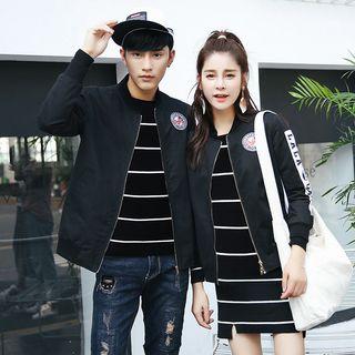 Couple Matching Applique Lettering Zip Jacket