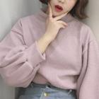 Plain Mock-neck Puff-sleeve Corduroy Pullover