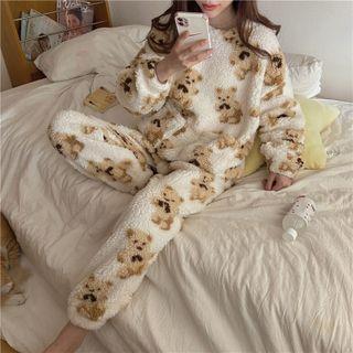 Set: Long Sleeve Bear Jacquard Top + Elastic-waist Bear Jacquard Pants