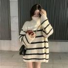 Turtle-neck Striped Sweater / Faux Shearling Buttoned Vest