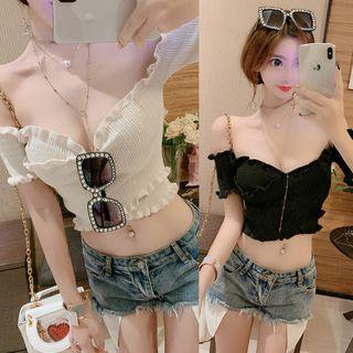 Short-sleeve Ruffled Cropped Knit Top