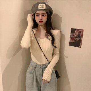 Square-neck Ribbed Skinny Knit Top