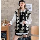 Long-sleeve Plain Loose-fit Shirt / Heart Print Vest Sweater