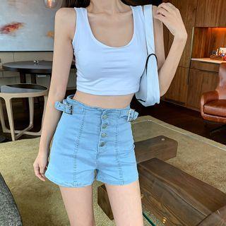 High-waist Button Denim Wide-leg Shorts