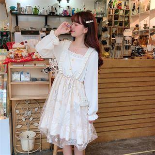 Long-sleeve Embroidered Midi A-line Dress Light Almond - One Size