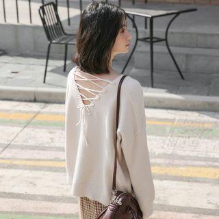 Plain Back Caged Back Strap V-neck Sweater