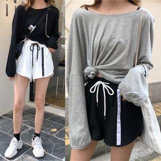 Set: Loose-fit Long Sleeve Hooded T-shirt + Drawstring Shorts