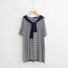 Mock Two Piece Hooded Striped 3/4 Sleeve T-shirt Dress