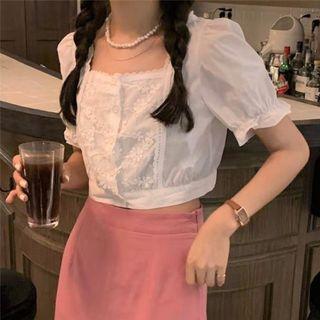 Square-neck Short-sleeve Shirt / High-waist Skirt Set
