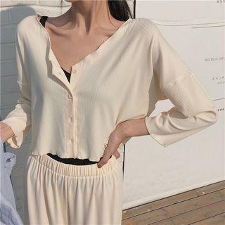 Set: Plain V-neck Cropped Top + Elastic-waist Wide-leg Pants